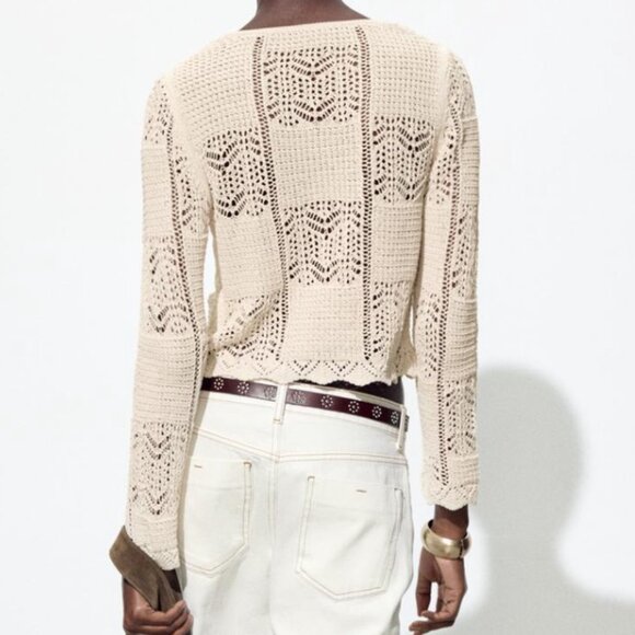 ZARA Pointelle Knit Cardigan in Ecru, M NWT - Picture 3 of 9